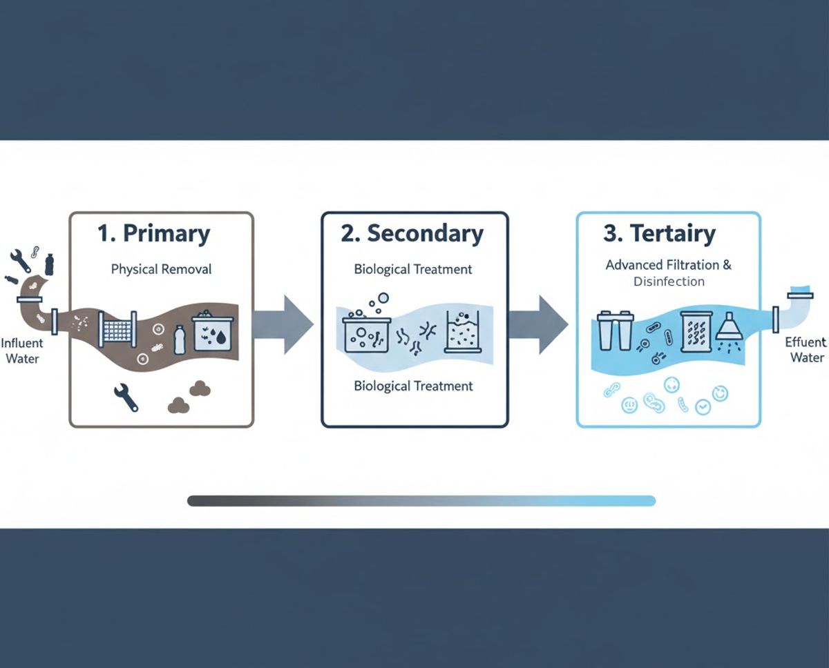 Diagrama de las tres etapas del tratamiento de agua